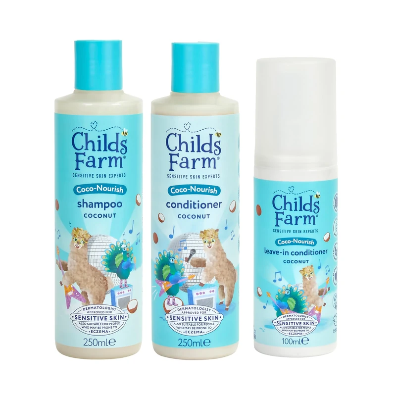 Childs Farm Kids Coco-Nourish Hair Regime Bundle |Tear Free Coconut Shampoo (250ml), Conditioner (250ml) and Leave-in Conditioner Spray (100ml) | Suitable for Dry, Curly and Coily Hair - 3 Pack - Image 1