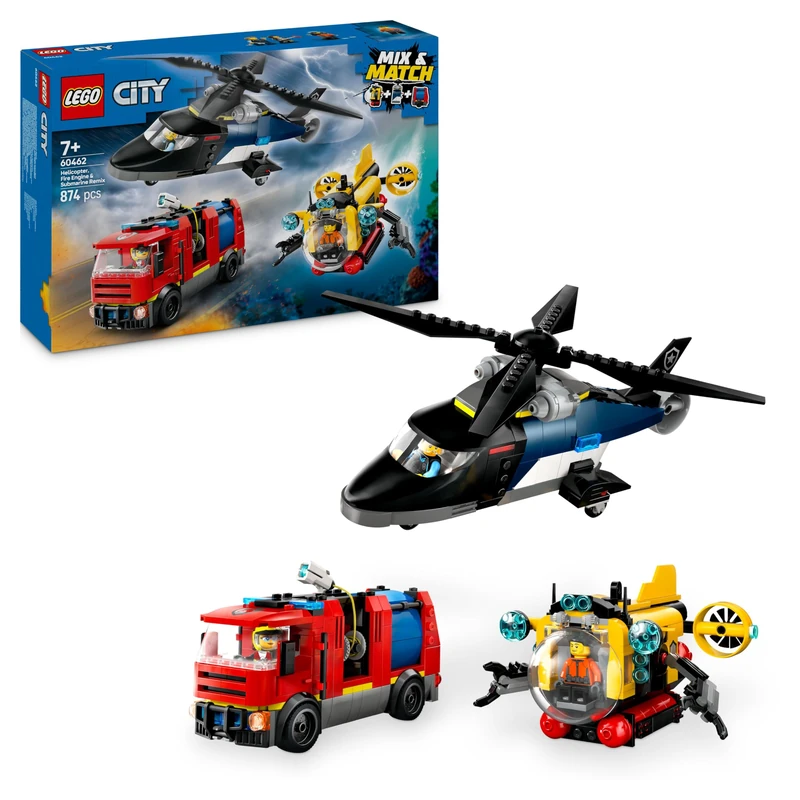LEGO City 3in1 Helicopter, Fire Truck & Submarine Remix Toy with 3 Minifigures - Buildable Toy Vehicles for 7+ Year Old Boys & Girls - Gift Ideas for Birthdays & Holidays - 60462