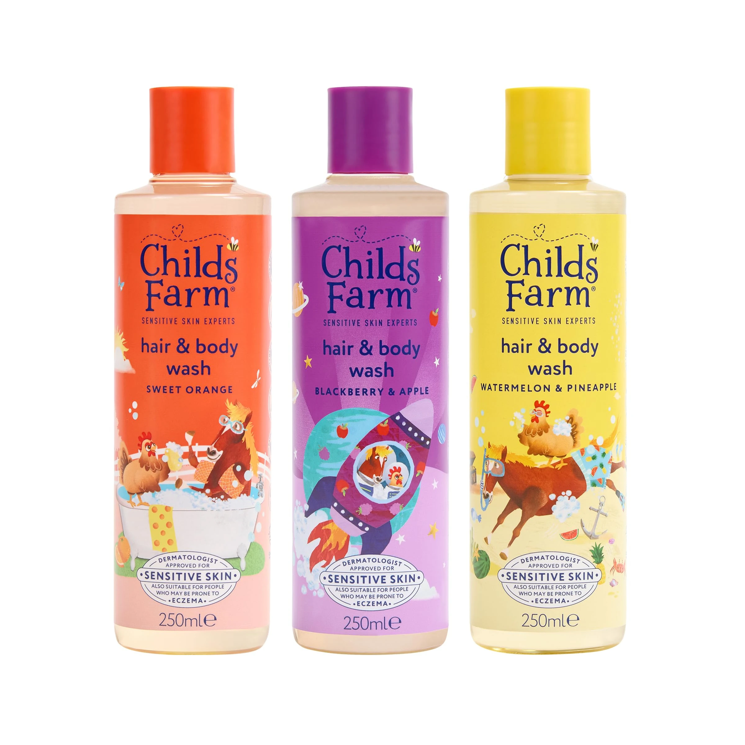 Childs Farm Hair & Body Wash Bundle | Sweet Orange (250ml), Blackberry & Apple (250ml) and Watermelon & Pineapple (250ml) | Suitable for Newborns, Kids & Adults with Sensitive, Dry & Eczema-Prone Skin