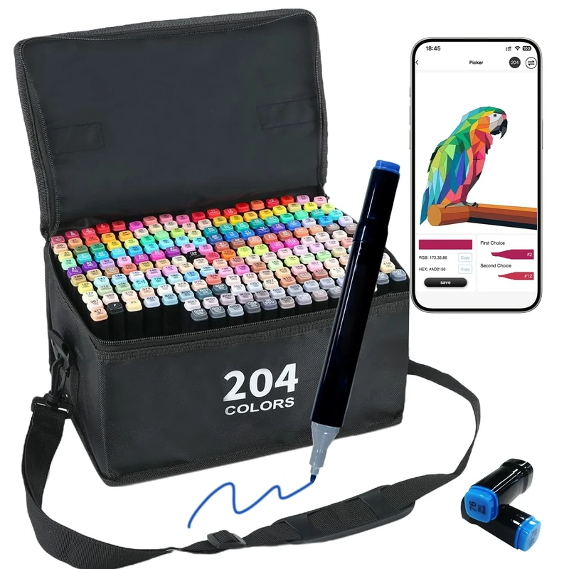 Vokiuler 204 Colours Alcohol Pens Set, Art Markers with APP, Dual Tips Artists Marker Chisel & Fine Gift for Adult Drawing Colouring Illustration Graphic Designing with Carrying Case