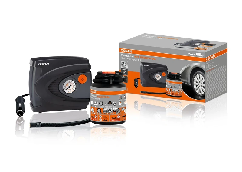 Osram TYREseal Kit Essential 450ml Tyre Sealant and Analogue Premium Tyre Inflator, TPMS Suitable, Includes Storage Box