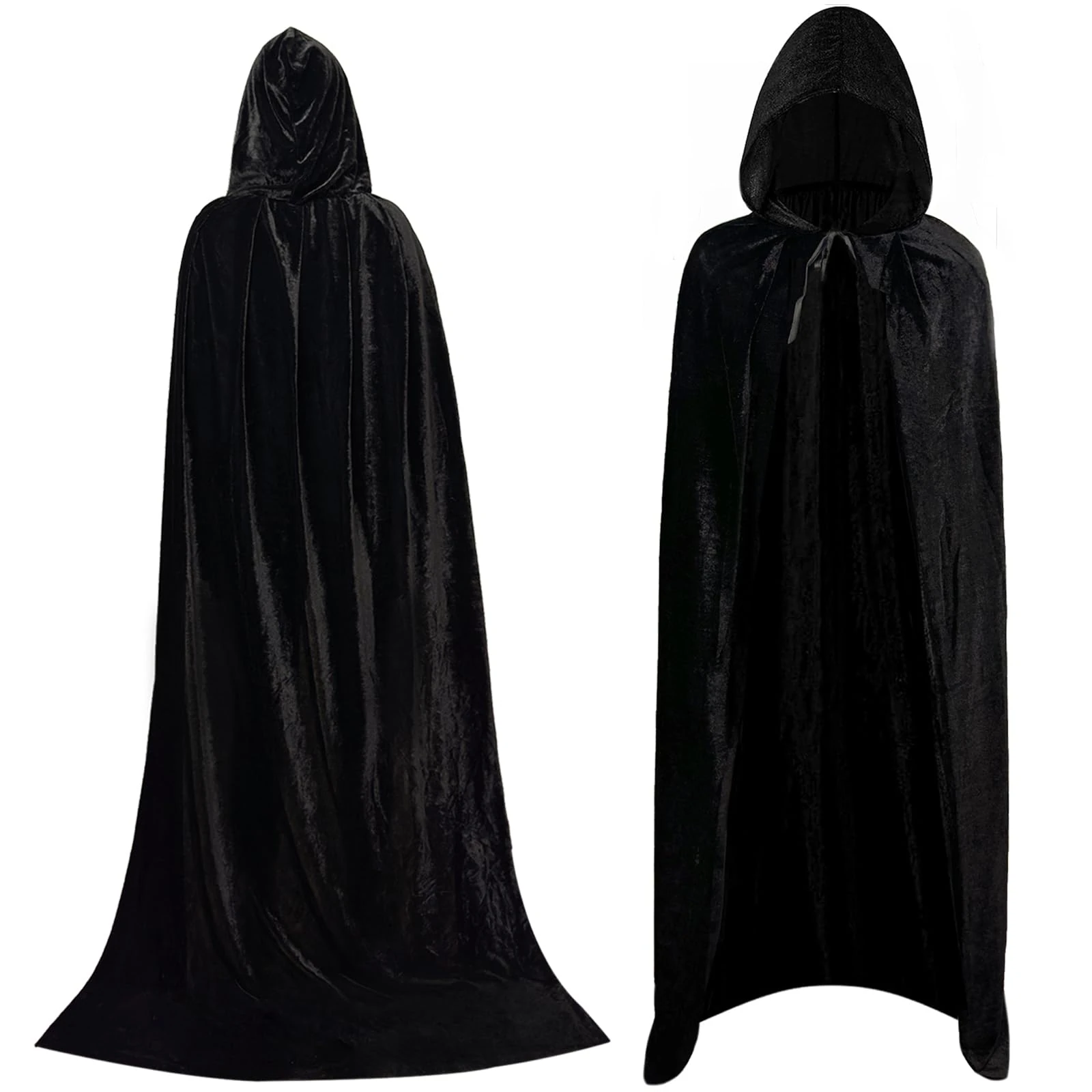 LYINUR Halloween Black Velvet Hooded Cape, Vampire Costume Black Cloak with Hood, Maleficent Medieval Cloak Wizard Devil Vampire Cape Grim Reaper Costume, Men Womens Halloween Costumes Adult, L