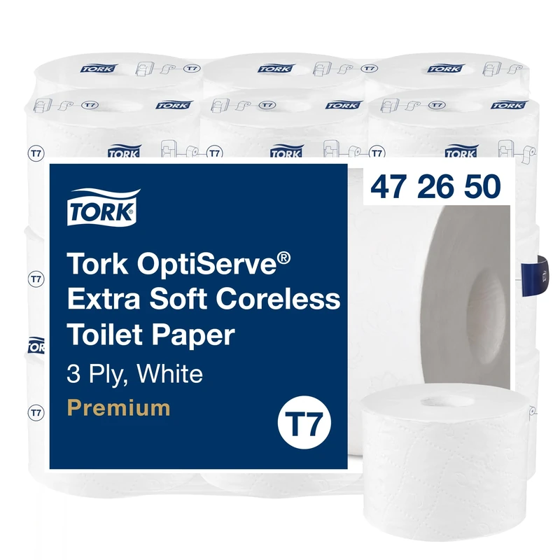 Tork OptiServe Extra Soft Coreless Toilet Paper White T7, Premium, 3 Ply, 18 x 550 Sheets, 472650