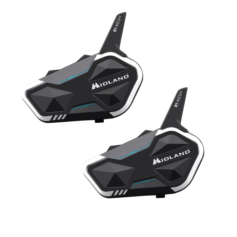 Midland - R1 Mesh Motorcycle Intercom Bluetooth + Mesh, 2 Waterproof IPX6 Helmet Bluetooth Headset, 500m, 23H Battery, RCF Audio, Stereo Background, TFT/FM Radio Compatible, Conference Up to 6 People