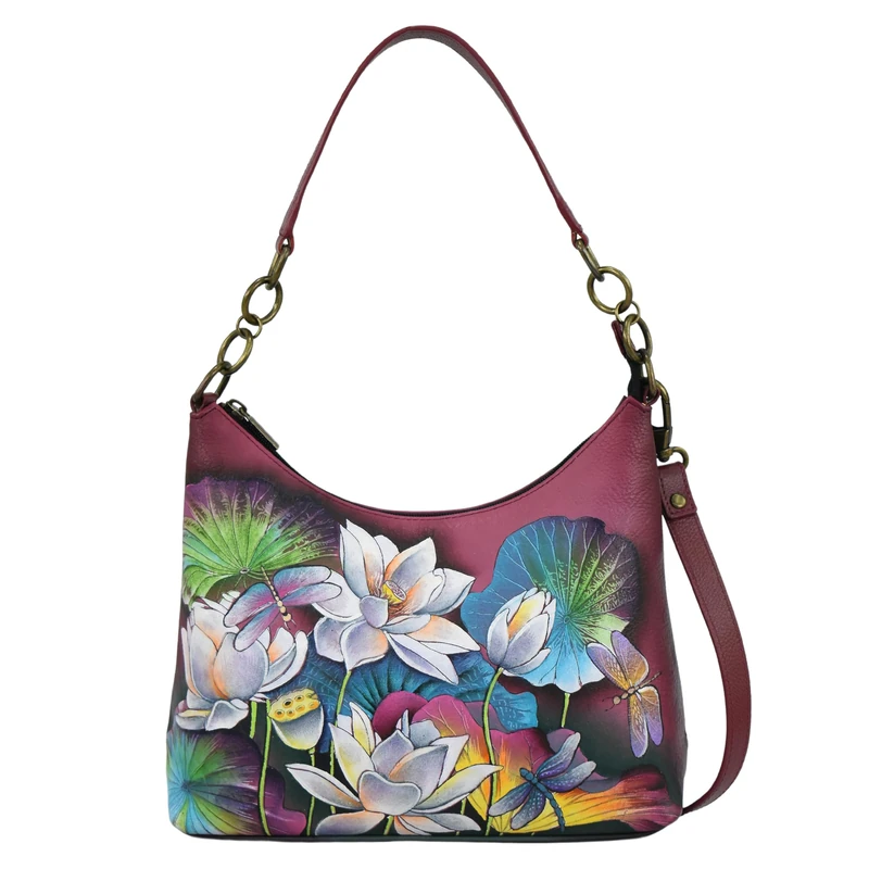 Anna by Anuschka Women's Original Leather Hand-Painted Hobo Shoulder Bag, Lotus Blossoms, One Size