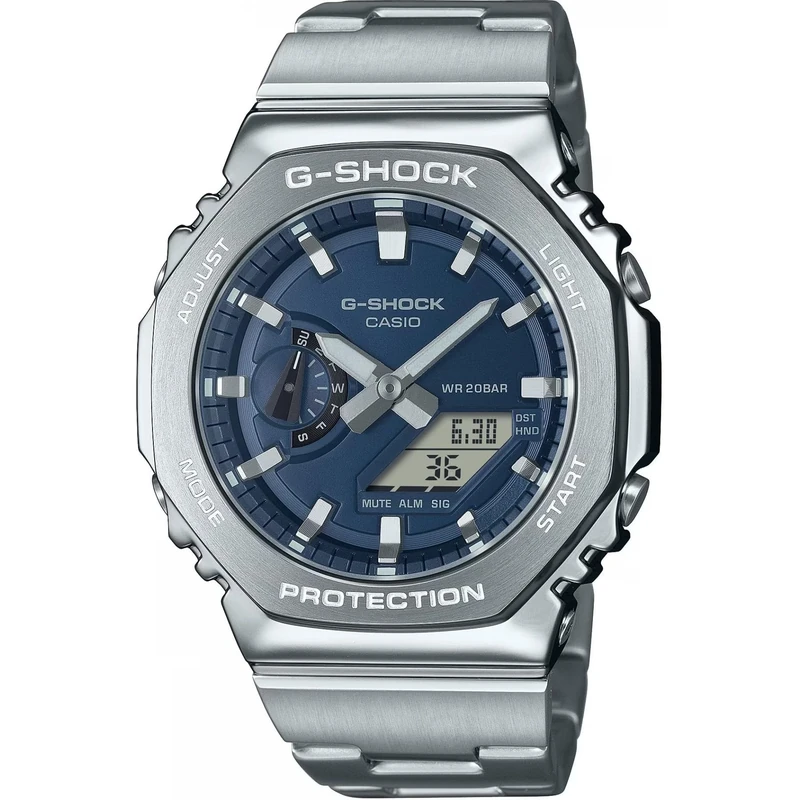 Casio GM-2110D-2BER Analog-Digital Quartz Watch with Stopwatch, World Time, Countdown, Alarm, Light, Water Resistance 200 Metres, Silver Steel, Unisex