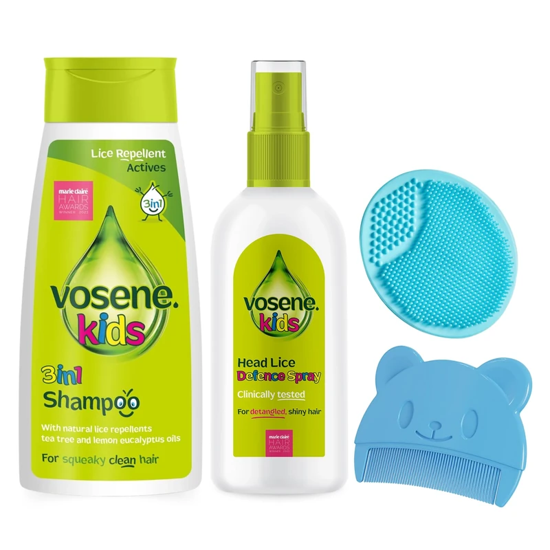 Vosene Kids 3-in-1 Lice Repellent Shampoo, Conditioning Defence Spray, Silicone Baby Brush & Comb Bundle - Nit Treatment for Kids, Head Lice Repellent Spray, Ideal for Lice Prevention & Sensitive Skin