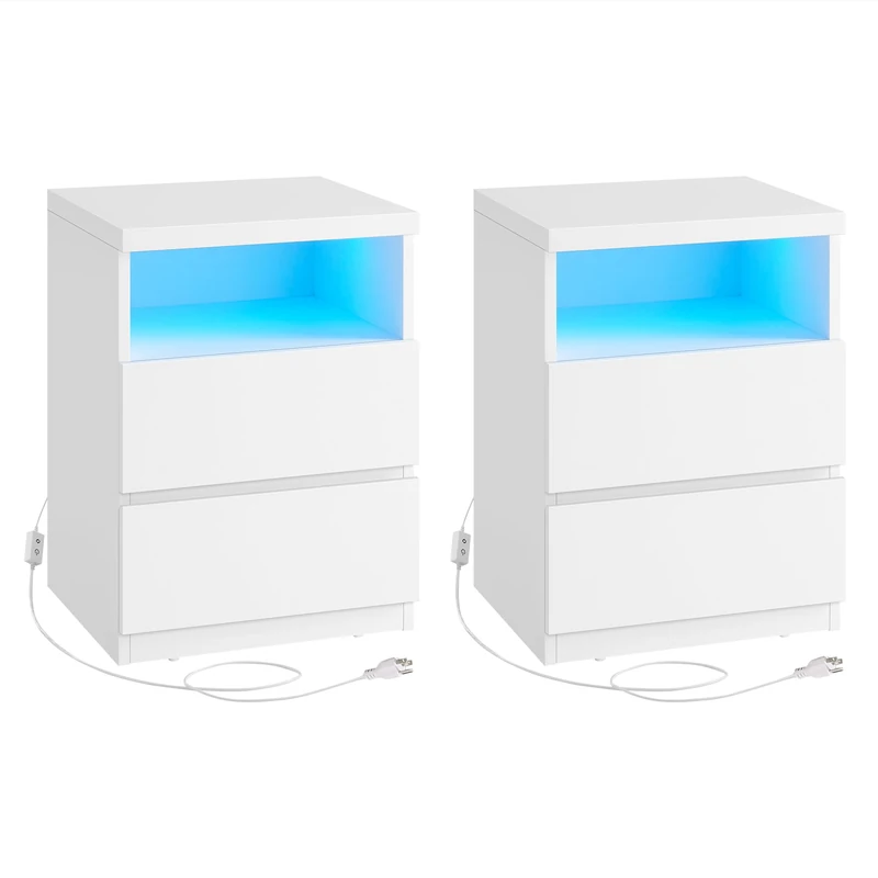 VASAGLE KAILYN Collection - Set of 2 Nightstands with Adjustable LED Light, Bedside Table with Drawers, Side Tables, for Bedroom, Living Room, Modern Minimalist Style, White LET834W02