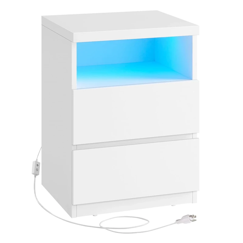 VASAGLE KAILYN Collection - Nightstand with Adjustable LED Light, Bedside Table with Drawers, Side Table, for Bedroom, Living Room, Modern Minimalist Style, White LET634W02