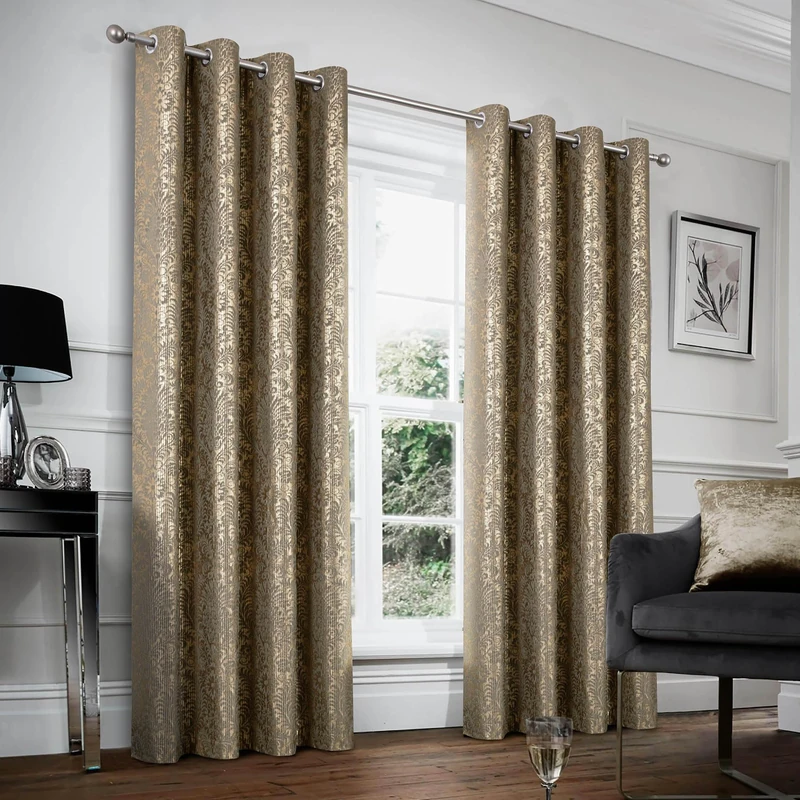 always4u 100% Blackout Damask Foil Print Champagne and Gold Ridged Velvet Curtains 95 Inches Long Drapes 2 Panels Shiny Metallic Window 54 * 95 Inches