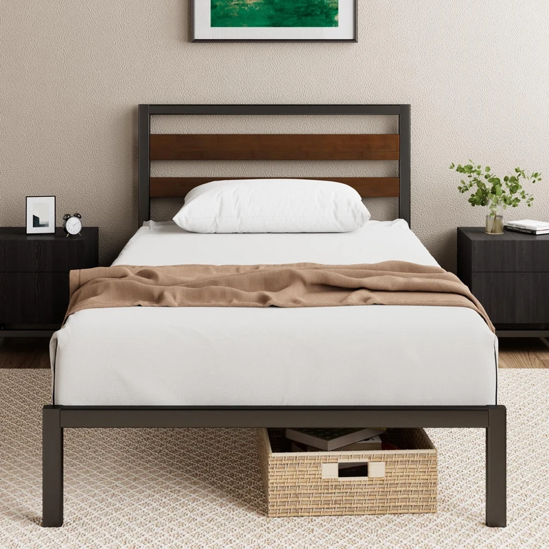ZINUS Kai 3ft Single Bed Frame with Headboard (90 x 190 cm) - 31.5'' Height - Sustainable Bamboo & Metal - Steel Slat Support - Eco -Friendly Bed Base - Easy Assembly - Black & Brown
