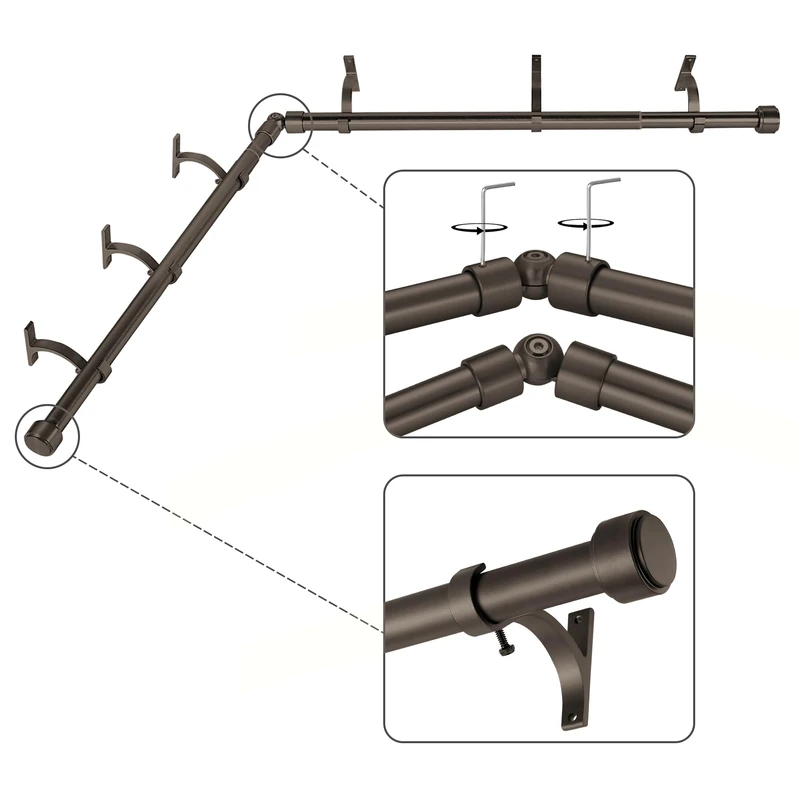 Mayrhyme Dark Bronze Corner Window Curtain Rods with Aluminum End Cap Finials and Brackets,1 Inch Diameter Bay Window Curtain Rods,2 Sided 36-72 Inch Adjustable Drapery Rod - Image 1