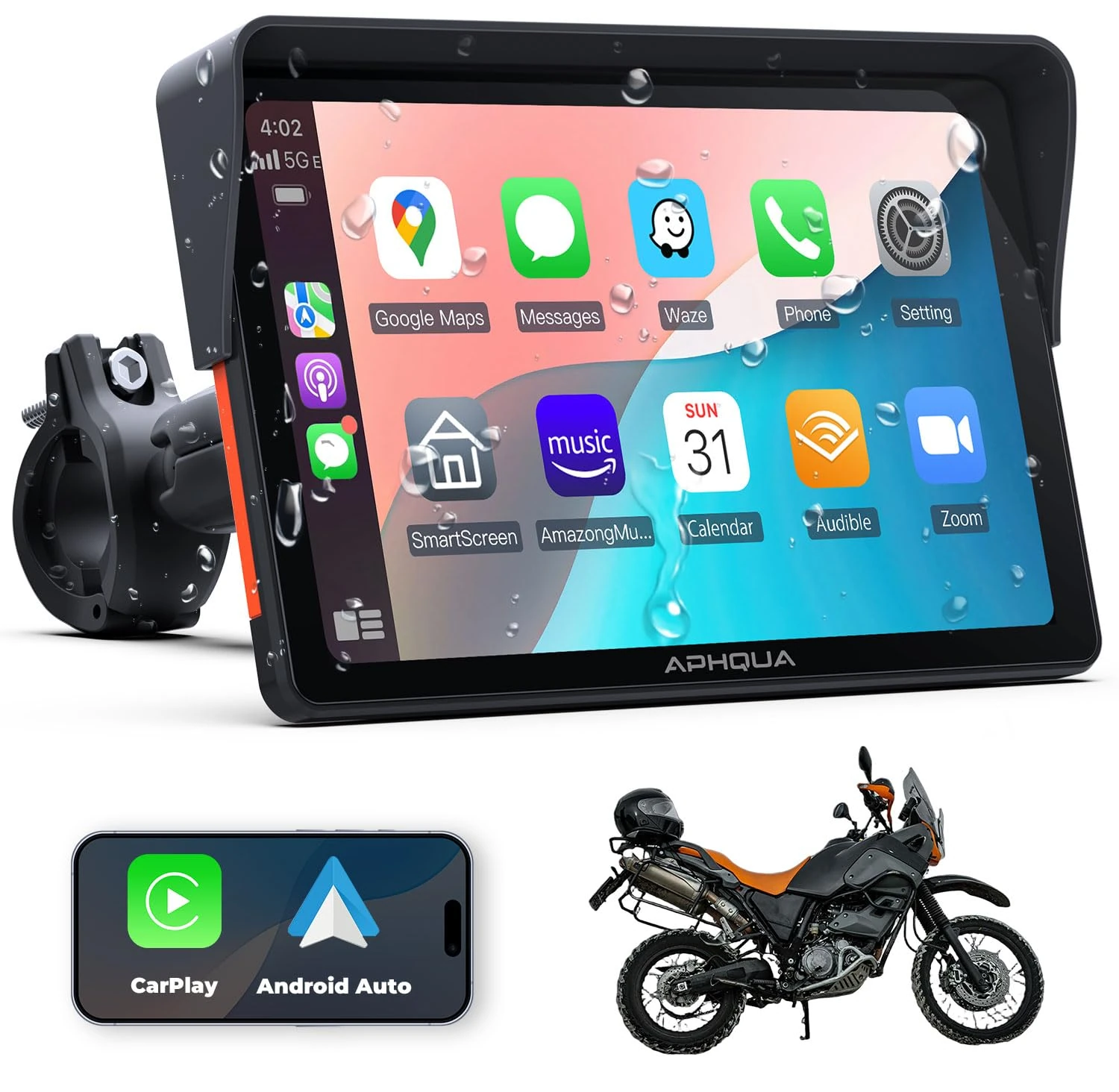 APHQUA A722 Wireless CarPlay Screen for Motorcycle, 7" Motobike Waterproof Touchscreen with Light Sensing, Supports CarPlay/Android Auto, Bluetooth Trans, GPS Navigation, Siri, and Hands-Free Calling