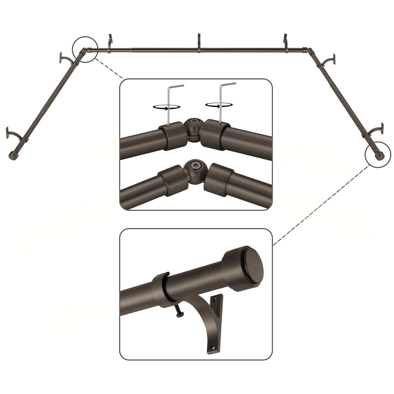 Mayrhyme Dark Bronze Bay Window Curtain Rods with Aluminum End Cap Finials and Brackets, Adjustable 36-72 Inch Center Rod, 20-36 Inch Side Rods