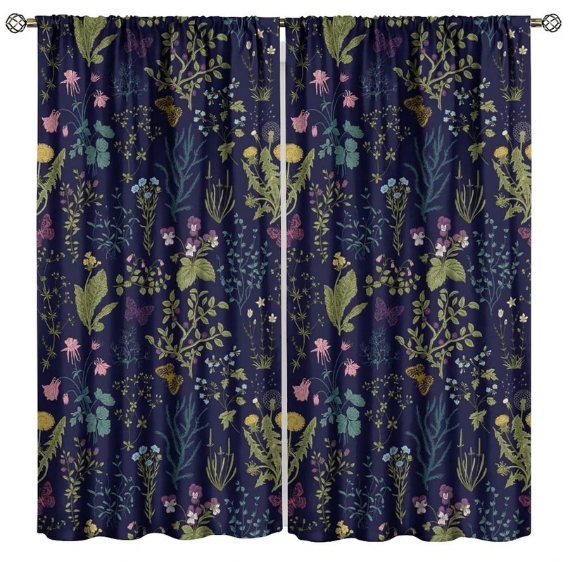 GoDazzling Rustic Farmhouse Plant Floral Blackout Curtains, Watercolor Flowers Botanical Butterfly Window Drapes Treatment, for Bedroom Living Room 42x63in 2 Panels