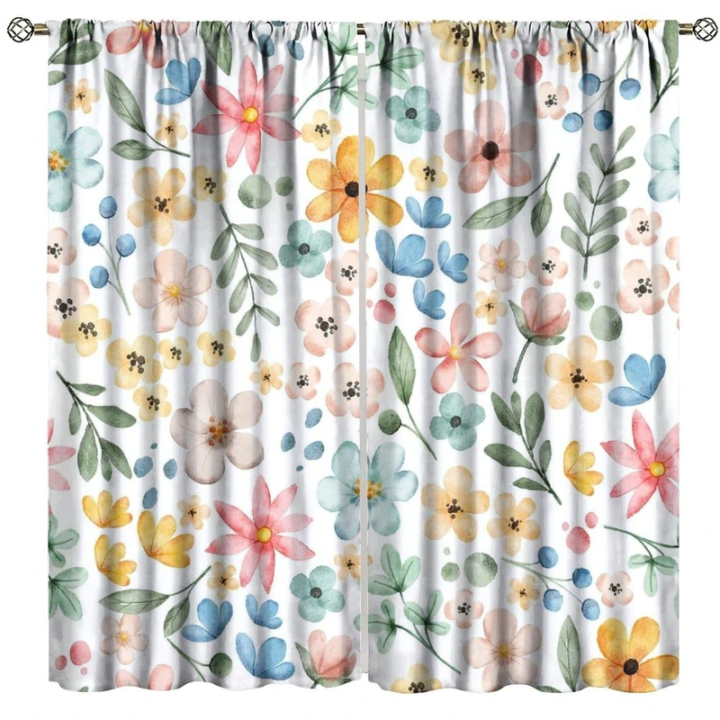 GoDazzling Watercolor Floral Blackout Window Curtains, Rustic Farmhouse Colorful Flowers Pattern Window Drapes, for Living Room Bedroom 42x54in 2 Panels