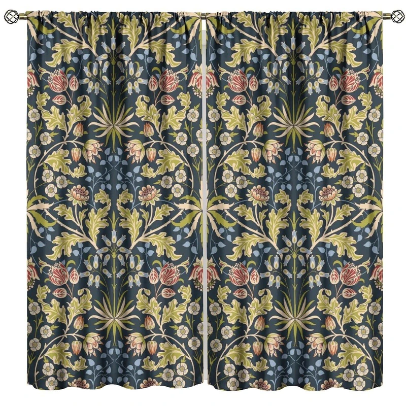 GoDazzling William Morris Floral Blackout Curtains, Vintage Rustic Flowers Botanical Natural Style Window Drapes, for Bedroom Living Room 42x63in 2 Panels