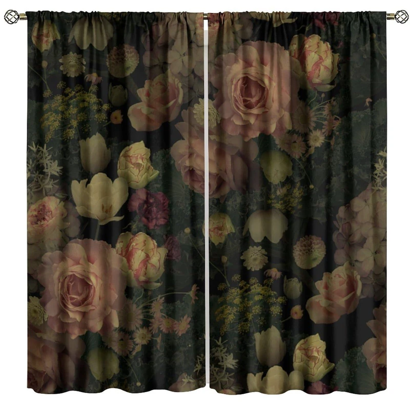 Gothic Floral Blackout Curtains, Rustic Farmhouse Retro Flower Watercolor Vintage Plant Boho Halloween Window Drapes, for Bedroom Living Room 42x54in 2 Panels
