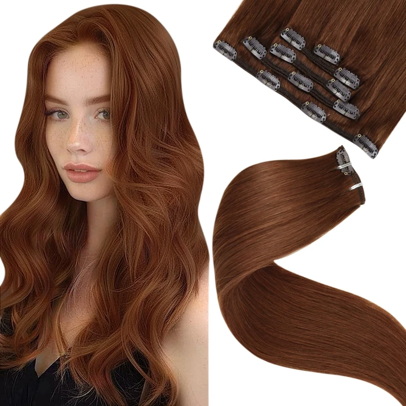 LaaVoo Clip in Hair Extensions Real Human Hair Brown Hair Extensions Clip in Straight Red Brown Remy Hair Full Head Double Weft 80g 5pcs 18 Inch #33