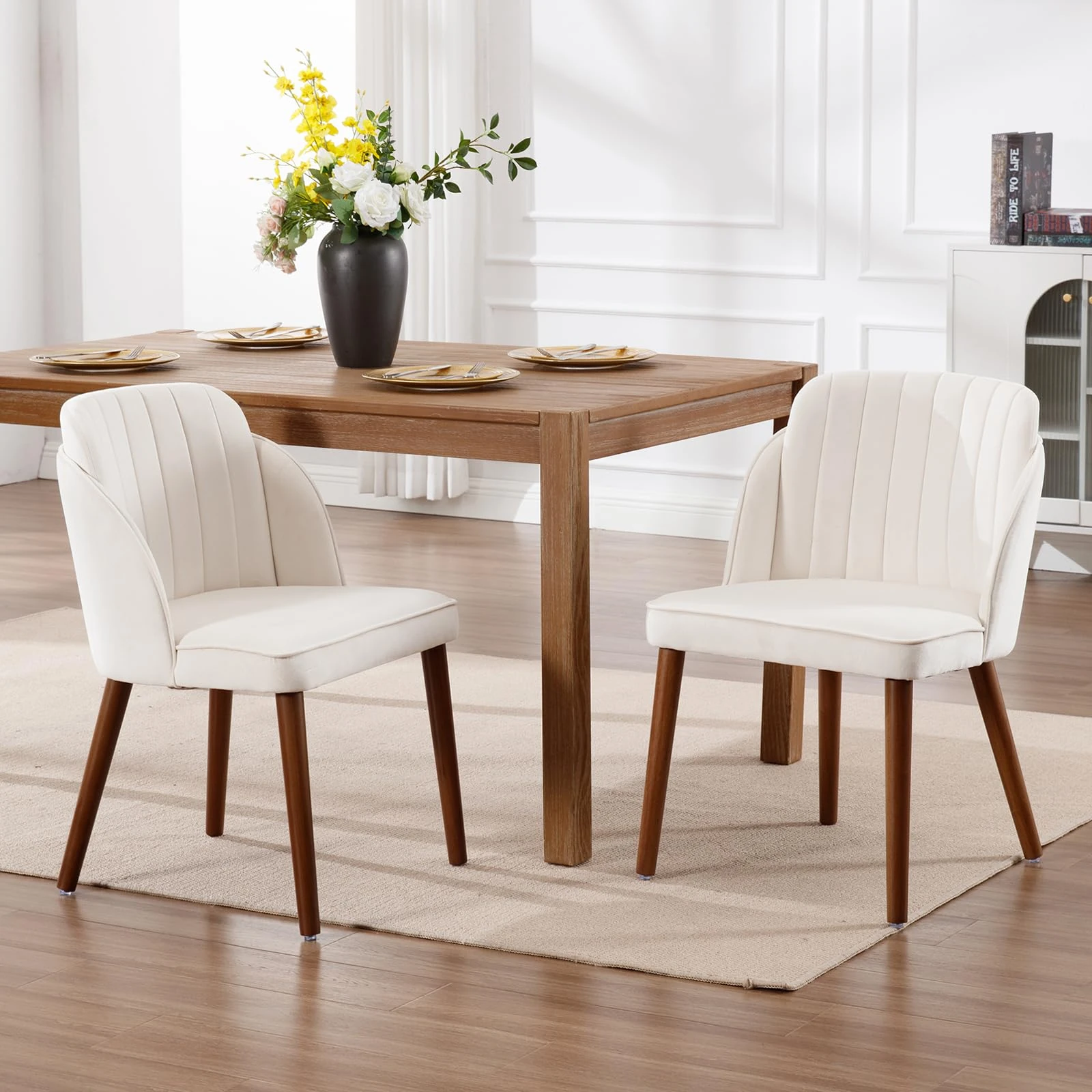 chairus Armless Dining Chairs Mid Century Kitchen Chairs Set of 2 Velvet for Living Room Upholstered Accent Chair with Wooden Legs (White)