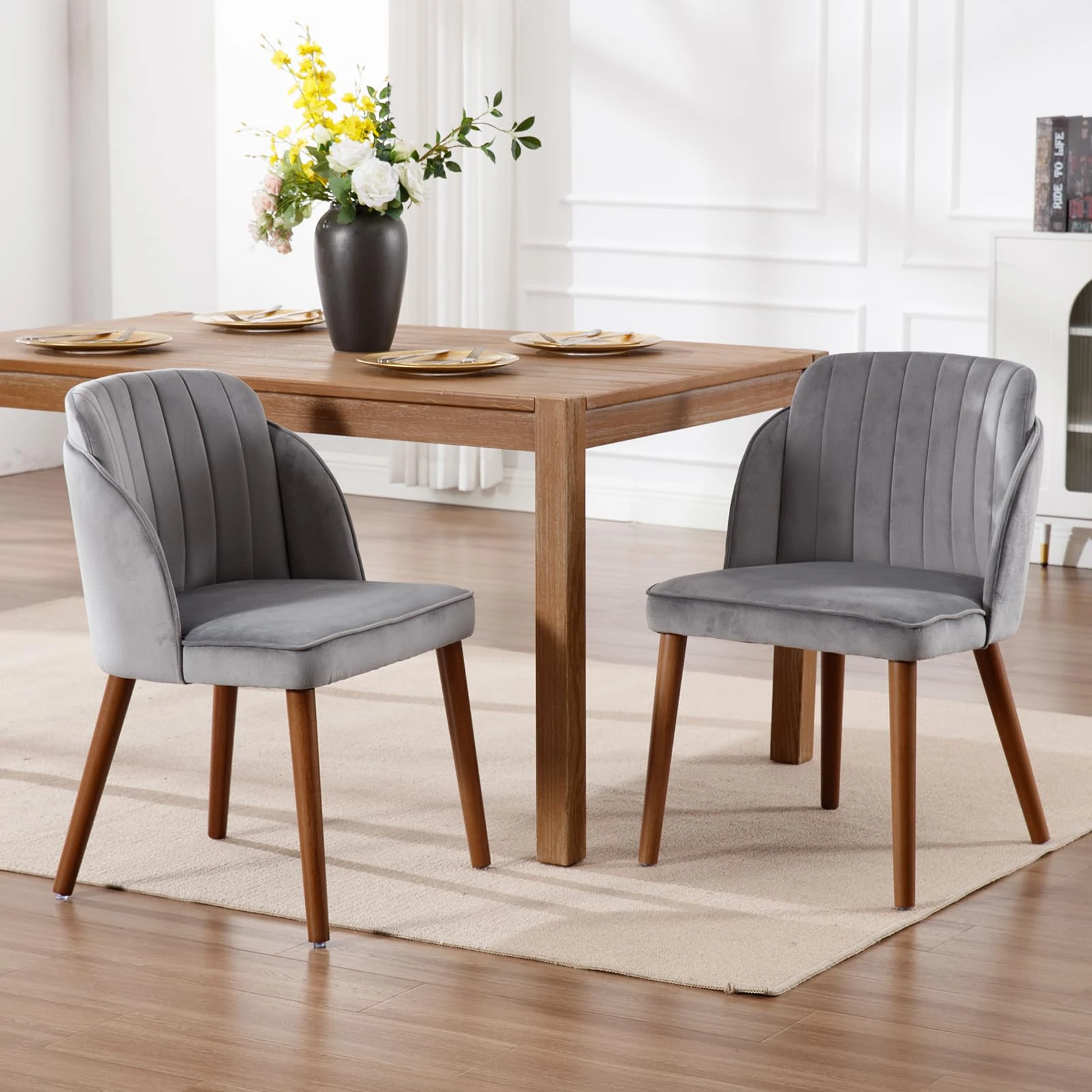 Armless Dining Chairs by Chairus: Velvet Mid-Century Kitchen Set of 2 Upholstered Accent Chairs with Wooden Legs (Gray)
