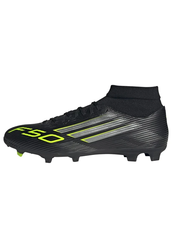 adidas Unisex F50 League Mid Firm Multi Ground Football Boots, Core Black/Iron Metallic/Lucid Lemon, 8 UK