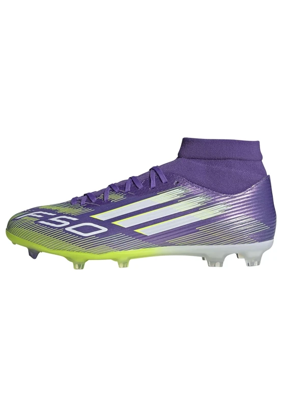 adidas Unisex F50 League Mid Firm Ground/Multi Ground Football Boots, Purple Rush/Cloud White/Lucid Lemon, 8.5 UK