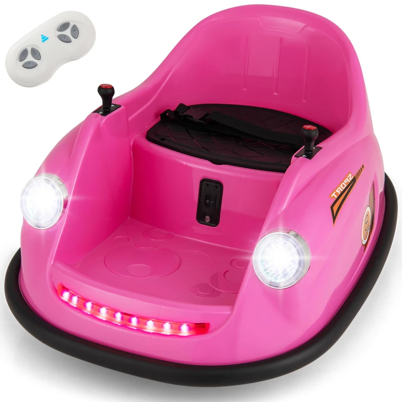 GYMAX Kids Ride On Bumper Car, 12V Battery Powered Toy Car with Remote Control, Joysticks, Lights, Music, Safety Belt & Slow Start, 360° Spin Children Electric Waltzer Toy for 2-5 Years Old (Pink)