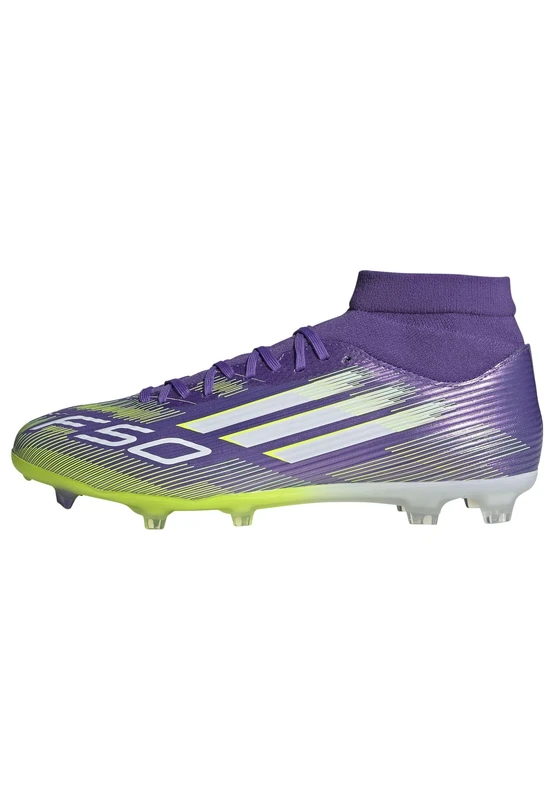 adidas Unisex F50 League Mid Firm Ground/Multi Ground Football Boots, Purple Rush/Cloud White/Lucid Lemon, 10.5 UK