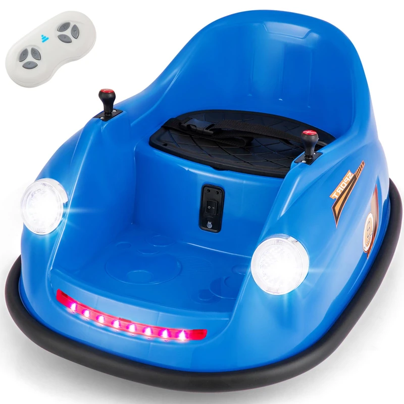 GYMAX Kids Ride On Bumper Car, 12V Battery Powered Toy Car with Remote Control, Joysticks, Lights, Music, Safety Belt & Slow Start, 360° Spin Children Electric Waltzer Car for 2-5 Years Old (Blue)