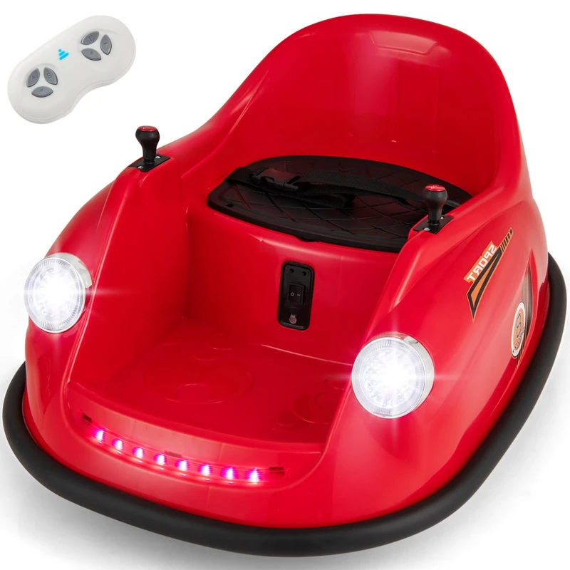 GYMAX Kids Ride On Bumper Car, 12V Battery Powered Toy Car with Remote Control, Joysticks, Lights, Music, Safety Belt & Slow Start, 360° Spin Children Electric Waltzer Toy for 2-5 Years Old (Red)