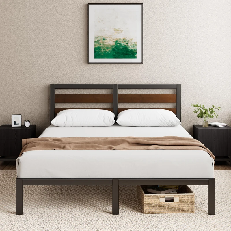 Zinus Kai Bed 135 x 190 cm – Sustainable Bamboo and Metal Bed with Headboard – Height 80 cm – Metal Bed with Slatted Base – Easy Assembly – No Box Spring Needed – Black and Brown