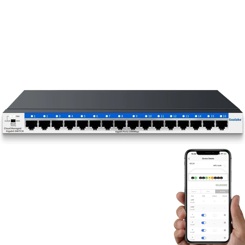 16-Port Gigabit Switch,Easy Smart Managed,Plug & Play,Desktop/Wall-Mount,Sturdy Metal,Home Network Hub,Office Ethernet Splitter,Silent Operation,Support QoS,Vlan,DHCP,Web Interface/Phone App Monitor