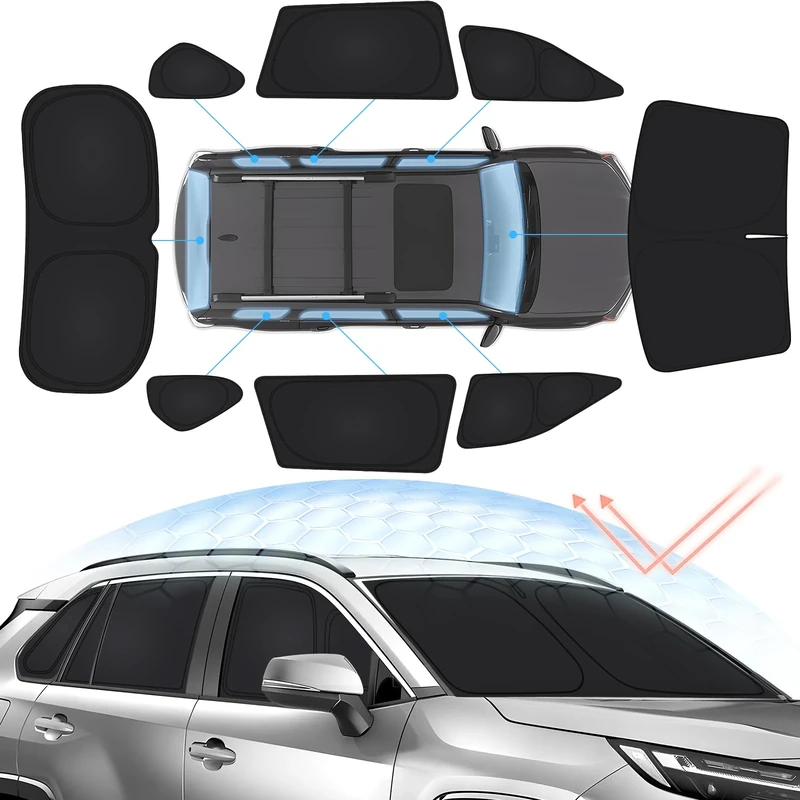 Sunsdrew 8PCS Foldable Sun Shade for 2019-2025 Toyota RAV4 Accessories Car Windshield&Side Windows Shade Cover Kit-Blocks 99% UV&Heat Privacy Protection Keeps RAV4 Cool Black
