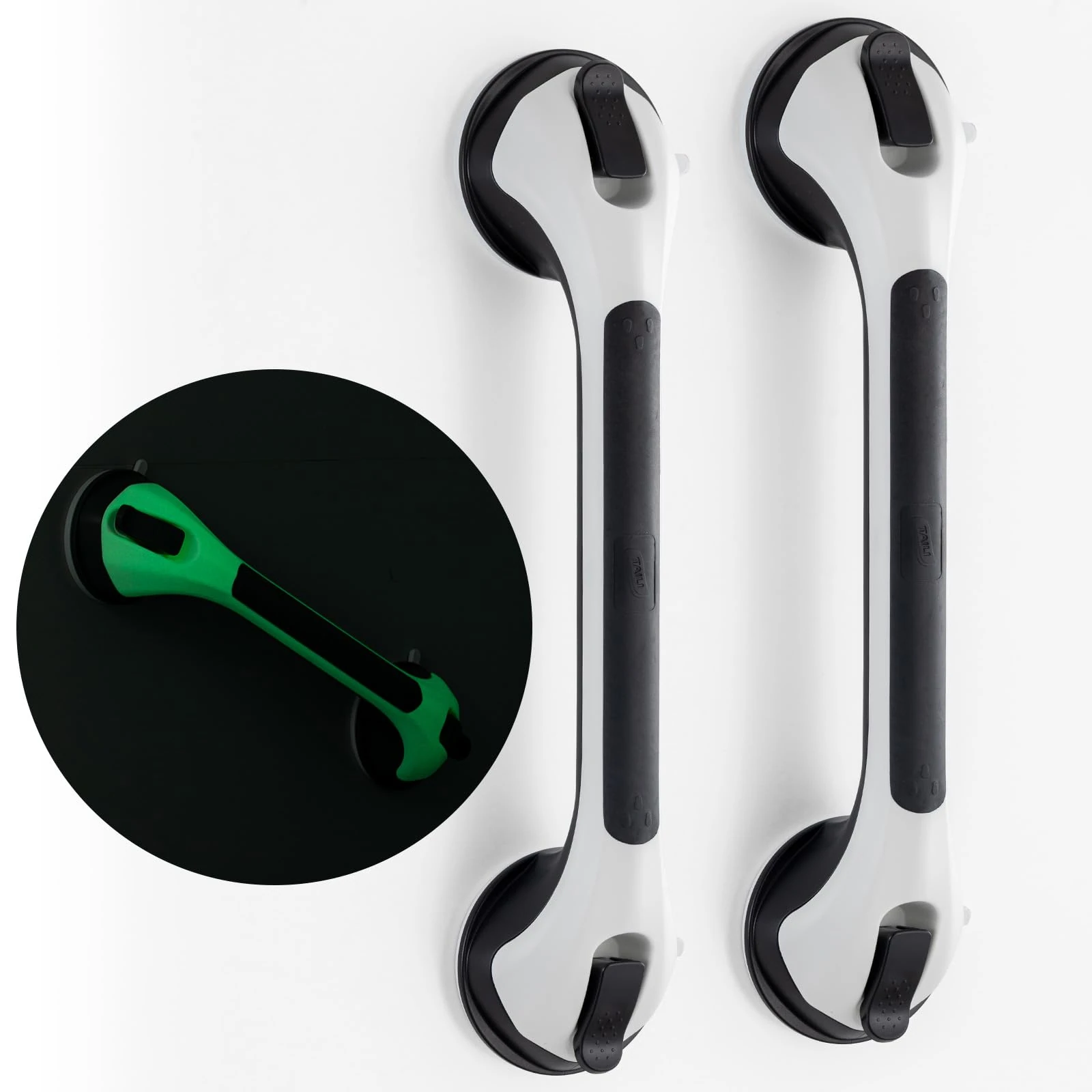 TAILI Grab Rails for Bathroom Glow in The Dark 2 Pack, 43 CM Suction Hand Rails for Elderly, MAX Hold 110 KG Shower Grab Bar for Elderly, Senior, Disabled, Shower Handles, Disability Aids, Black