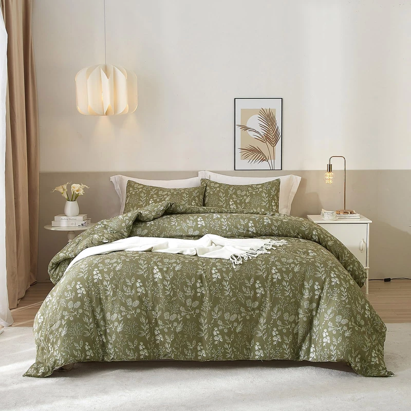 EAVD Fresh Botanical Floral Comforter Set Full Dark Olive Green Soft Microfiber Chic Cute Garden Floral Bedding Comforter Set 1 Full Comforter and 2 Pillowcases Botanical Comforter for All-Season