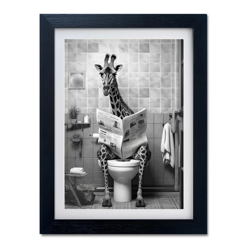 Bathroom Picture Wall Decor Black and White Bathroom Wall Art Giraffe in Toilet Framed Funny Animal Canvas Print Artwork