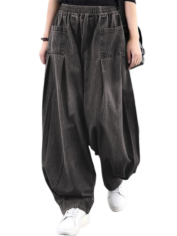 ebossy Women's Denim Harem Pants Elastic Waist Pleated Wide Leg Baggy Jeans, Black, XS
