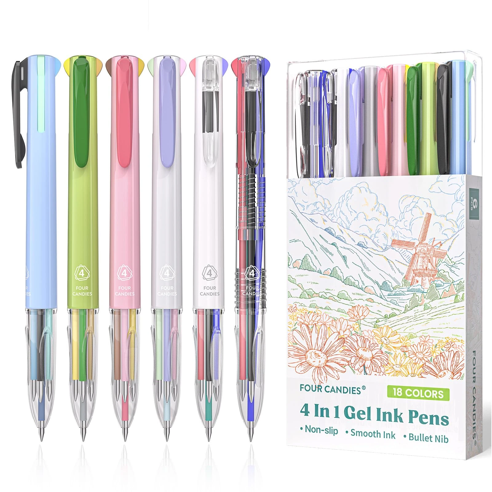 Four Candies 6 PCS Multicolor Pen, 0.5mm Colored Pens, 4-in-1 Multicolor Ink Pens, 18 Colors Retractable Ink for Office, School & Back to School Supplies