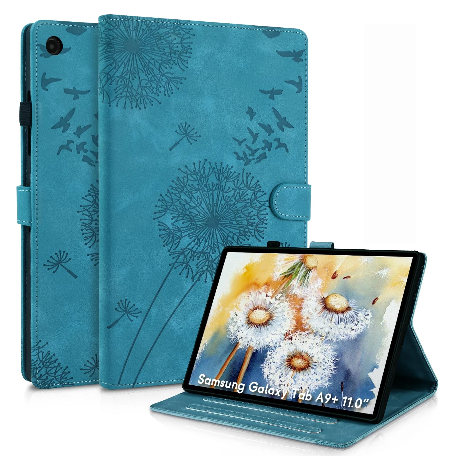Samsung A9+ Tablet Case 11 Inch with Stand, Dandelion Design Compatible with Samsung Galaxy Tab A9 Plus Case Premium PU Leather Card Slots, Wallet Case for Galaxy A9 Plus Blue