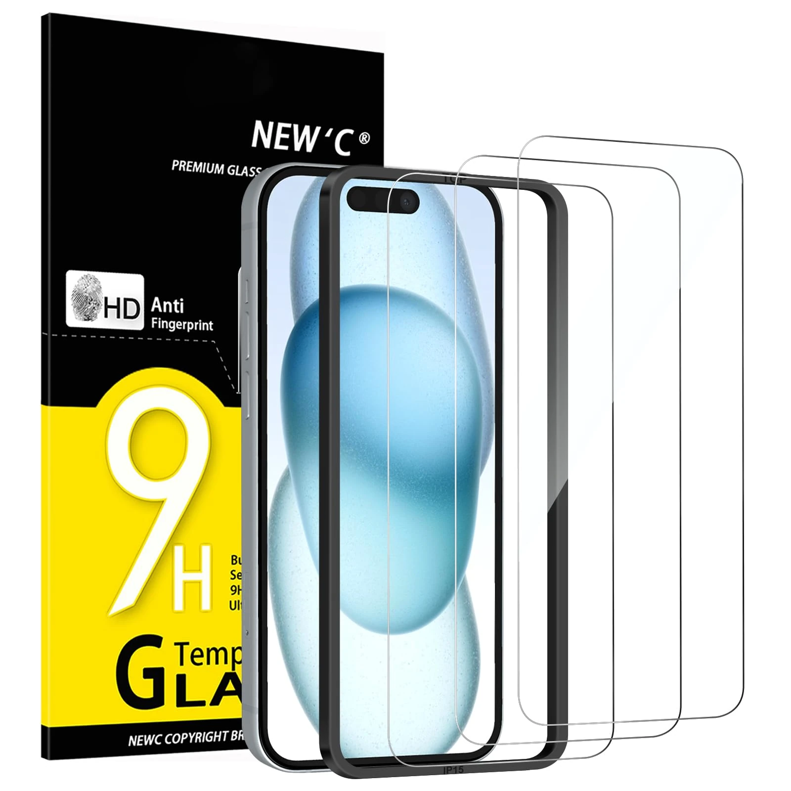 NEW'C 3 Pack Designed for iPhone 16, iPhone 15 Screen Protector (6.1 inches),Enhanced Tempered Glass Protection with easy installation tool included,Case Friendly Ultra Resistant