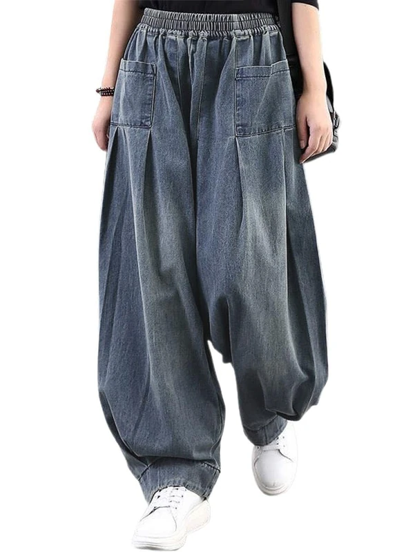 ebossy Women's Denim Harem Pants Elastic Waist Pleated Wide Leg Baggy Jeans, Blue, XXL - Image 1