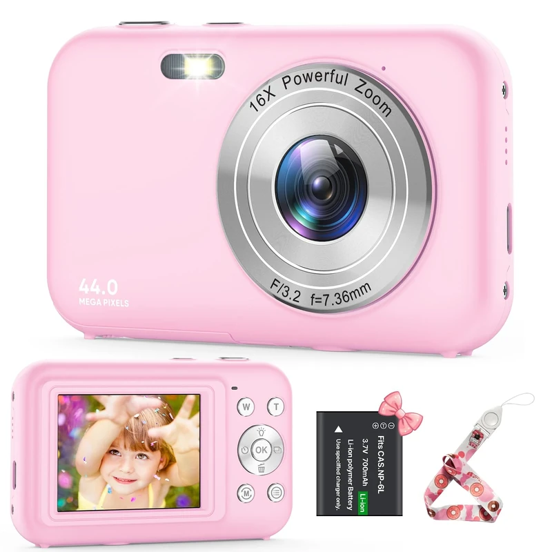 Pink FHD 1080P 44MP Kids Camera - Portable Compact Digital Camera with 16X Digital Zoom