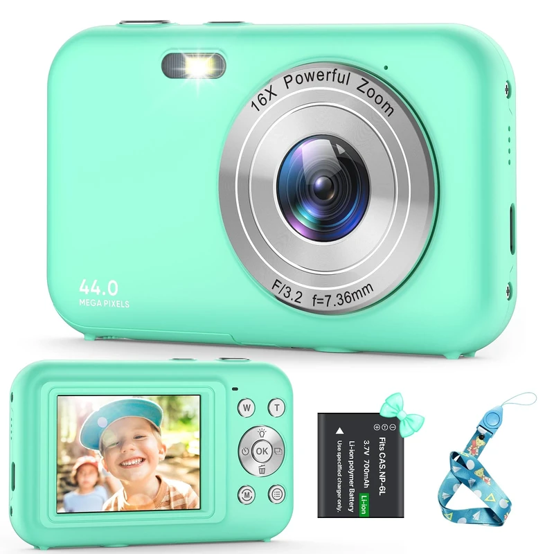 Green Kids & Adults Camera - FHD 1080P, 44MP, Portable, 16X Zoom