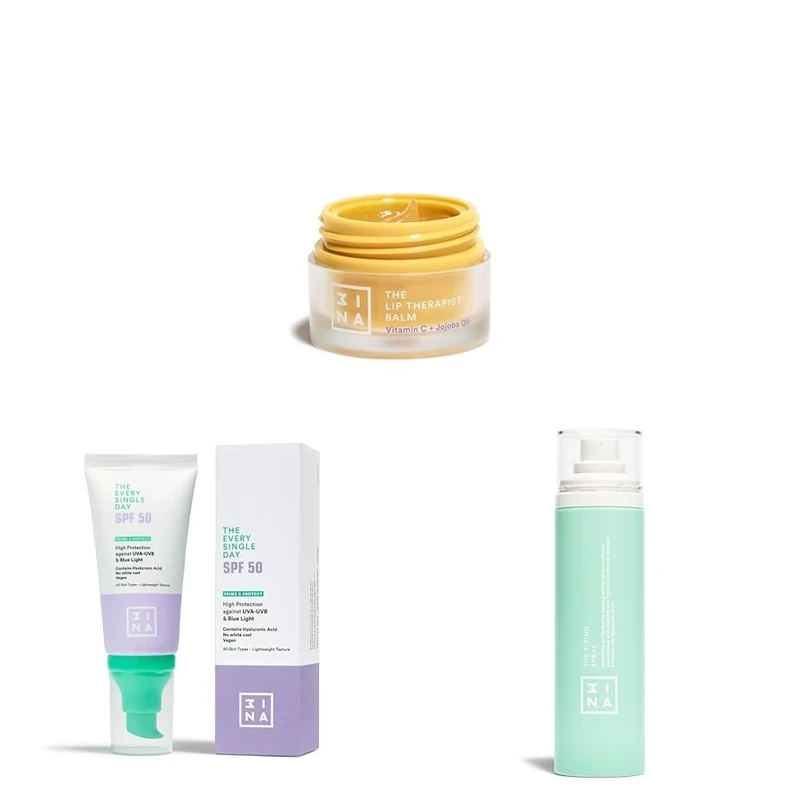 3INA MAKEUP - The Lip Therapist Balm + The Every Single Day SPF50 + The Fixing Spray - Lip Mask w VitaminC & Jojoba Oil + Sunscreen SPF 50 Hyaluronic Acid + Primer & Setting Spray -Vegan -Cruelty Free