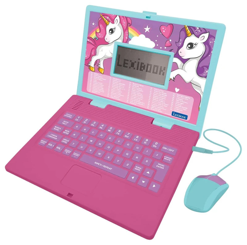 LEXIBOOK, Unicorn, Bilingual ENGLISH/ITALIAN educational computer, Toy for children with 124 language, writing, maths, logic, music activities and games, Pink, JC598UNIi5