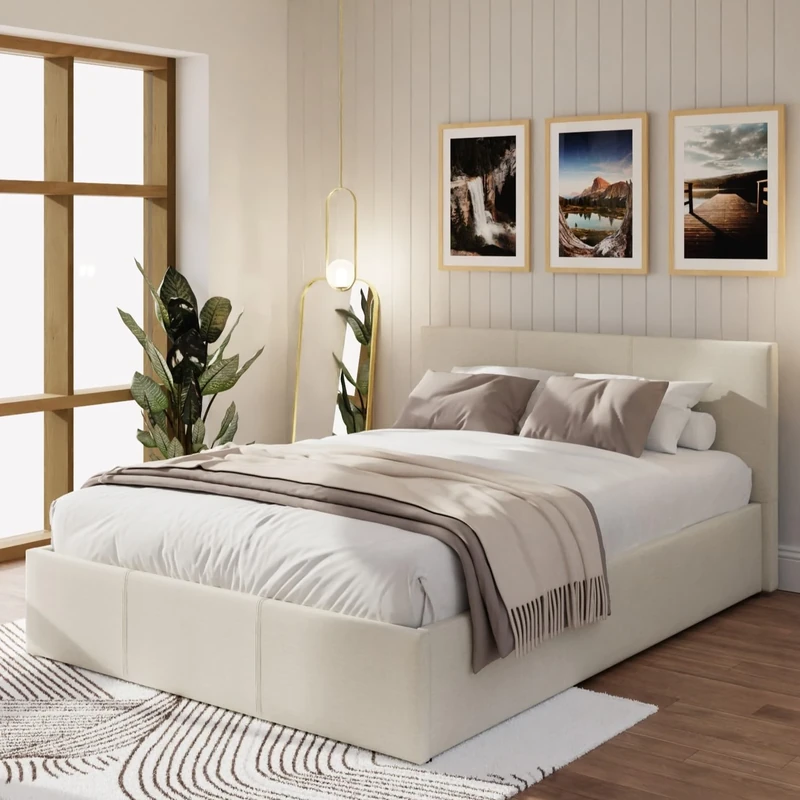 GFW Classic Leather Upholstered Ottoman Storage Bed With Gas End Lift & Under Bed Storage, Double, Fabric, Natural