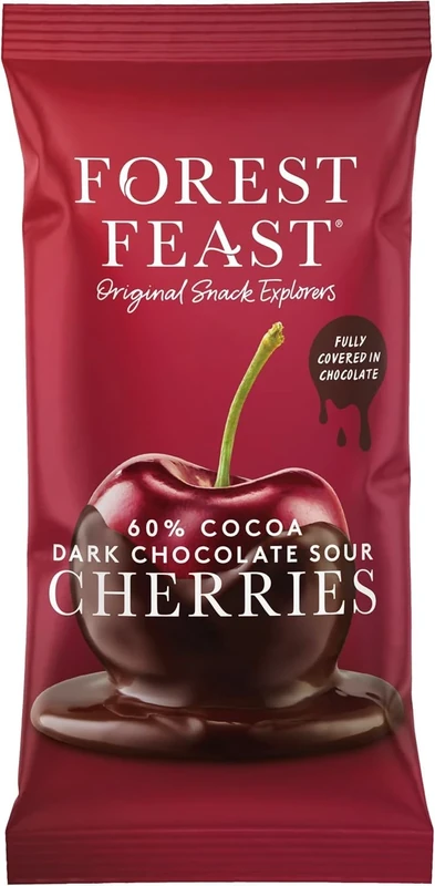 FOREST FEAST 60% Cocoa Dark Chocolate Sour Cherries Pack 12 x 40g - Sweet Dried Cherries Chocolate Covered Fruit Snack with 60% Belgian Dark Chocolate, Gluten Free & Vegan Friendly Snack