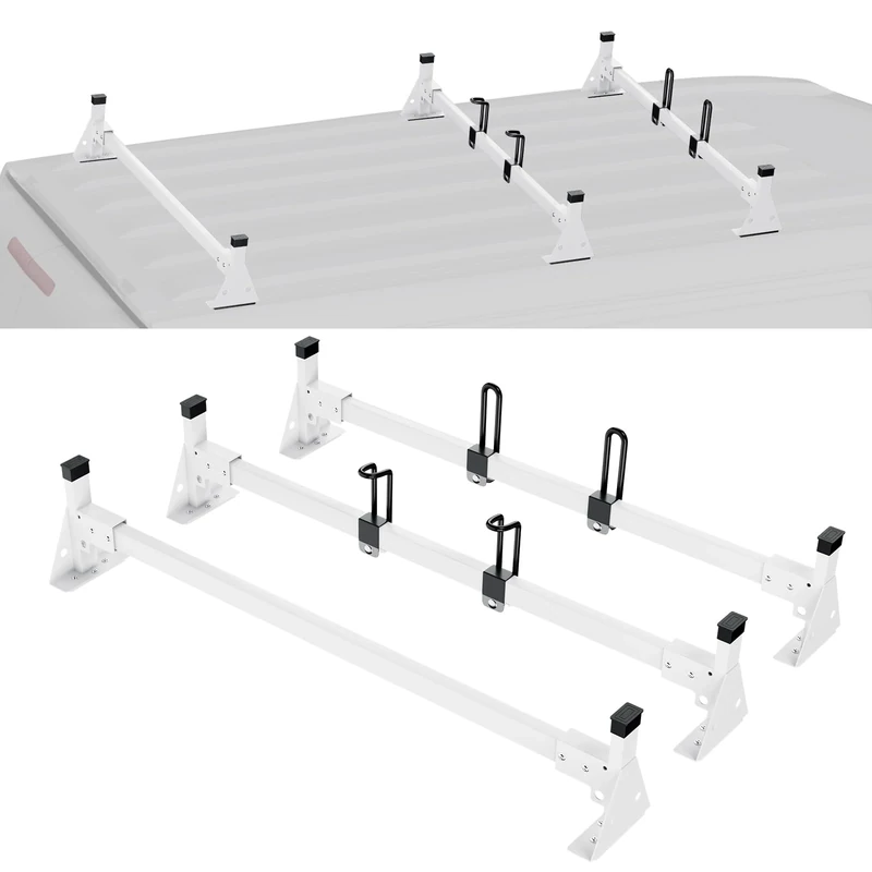 VEVOR Trailer Ladder Rack, 54" 3 Crossbars Ladder Roof Rack, Heavy-duty Steel Van Roof Ladder Rack, 800 lbs Capacity Van Ladder Rack with Straps, Fit for Ford Transit 150, 250, 350, 2015-2022