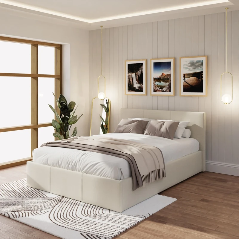 GFW Classic Leather Upholstered Ottoman Storage Bed With Gas End Lift & Under Bed Storage, Small Double, Fabric, Natural